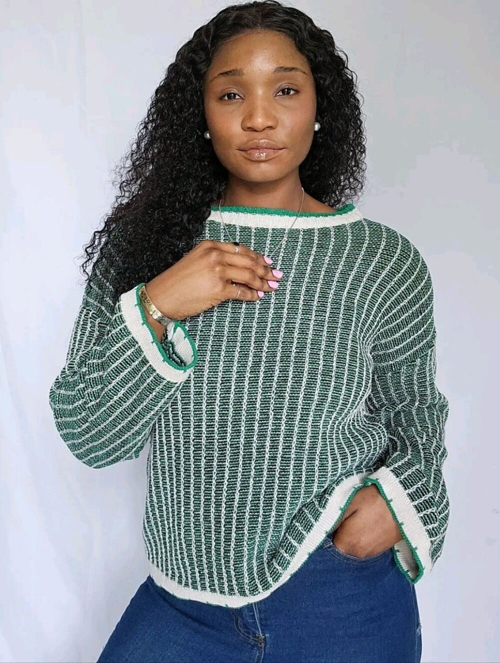 Green & White Striped Women's Knit Sweater
